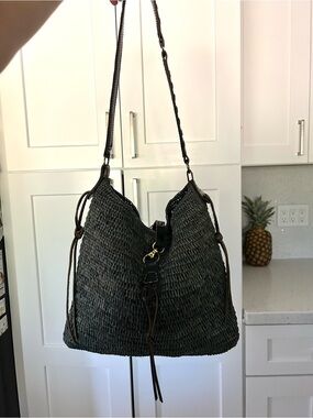 Sans Arcidet Paris Blue Raffia Woven Shoulder Bag
